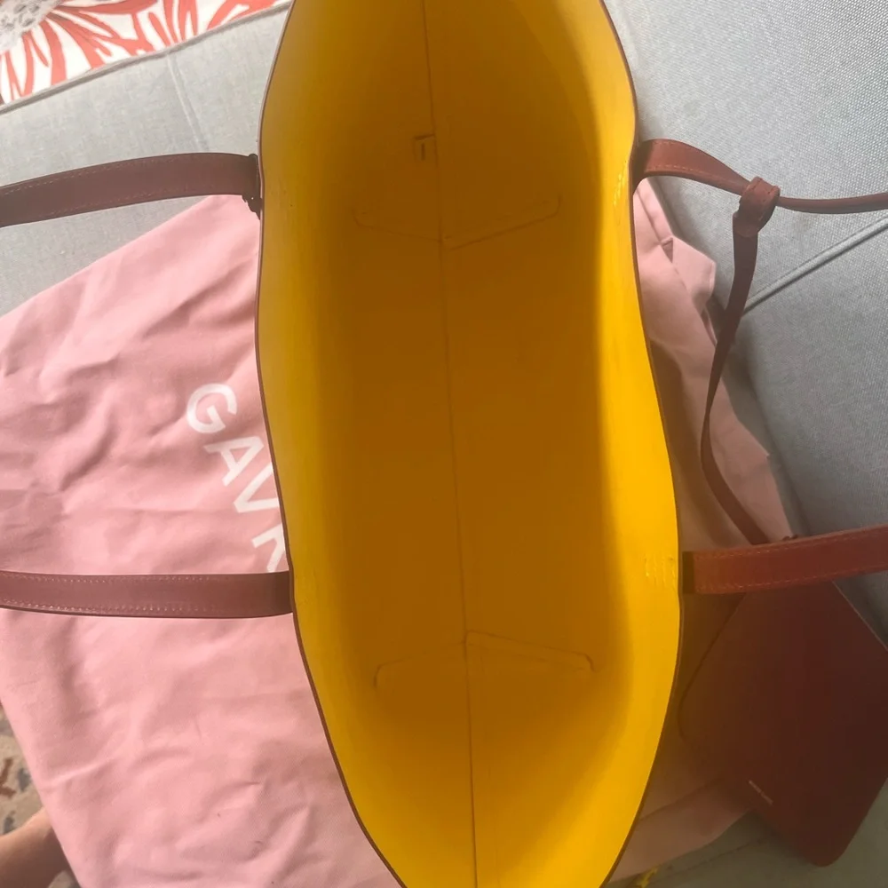 Mansur Gavriel Brown Leather Tote with Yellow Interior and Matching Pouch